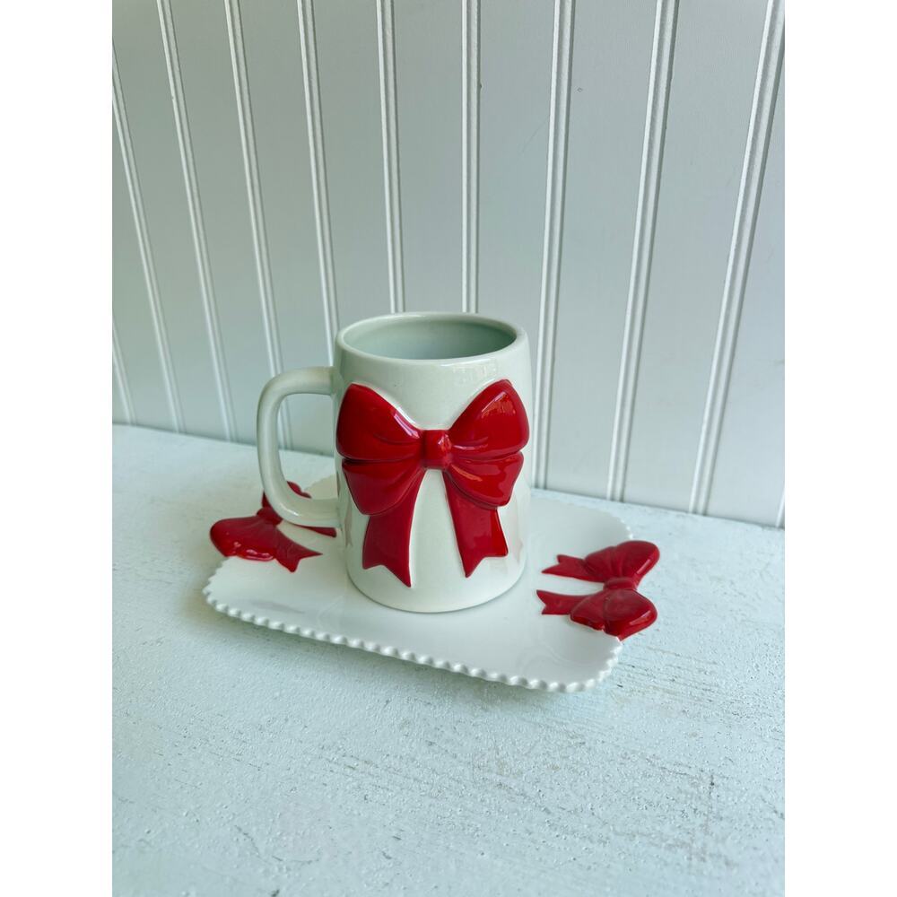 Mary Square Ceramic Red Bow Mug & Matching Decorative Plate | Festive Gift Set
